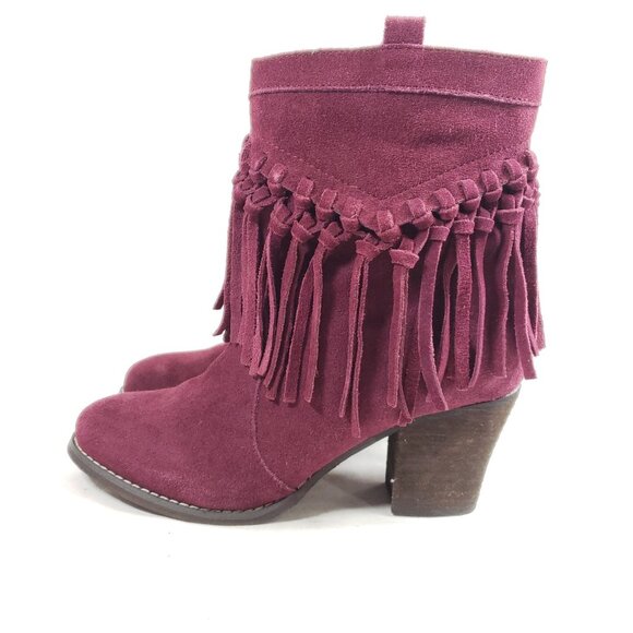 Sbicca Womens 7.5 Suede Fringe Heeled Ankle Boots Burgundy Western Style - Picture 3 of 9